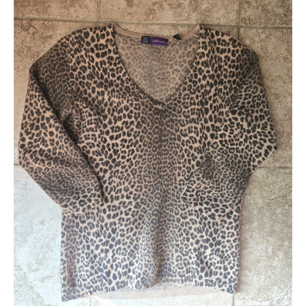 Saks Fifth Avenue Cashmere Leopard Print V-Neck Sweater Tan Black Women's M